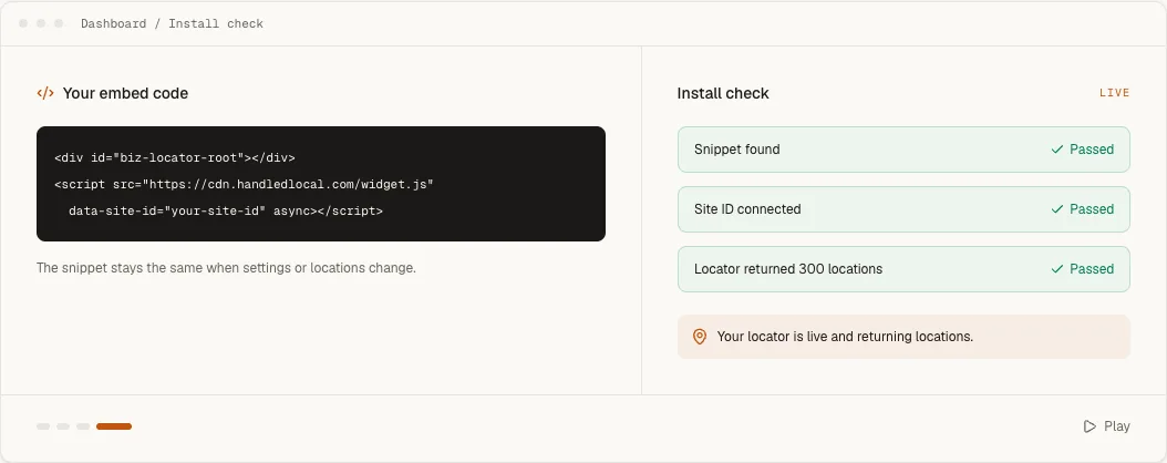 Handled installation check showing the snippet, connected site ID and returned locations as passed