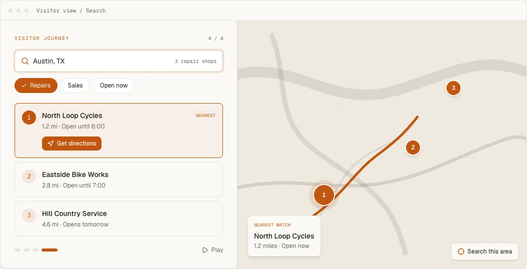 A rendered locator showing an Austin search narrowed to repair shops with the nearest result and directions action