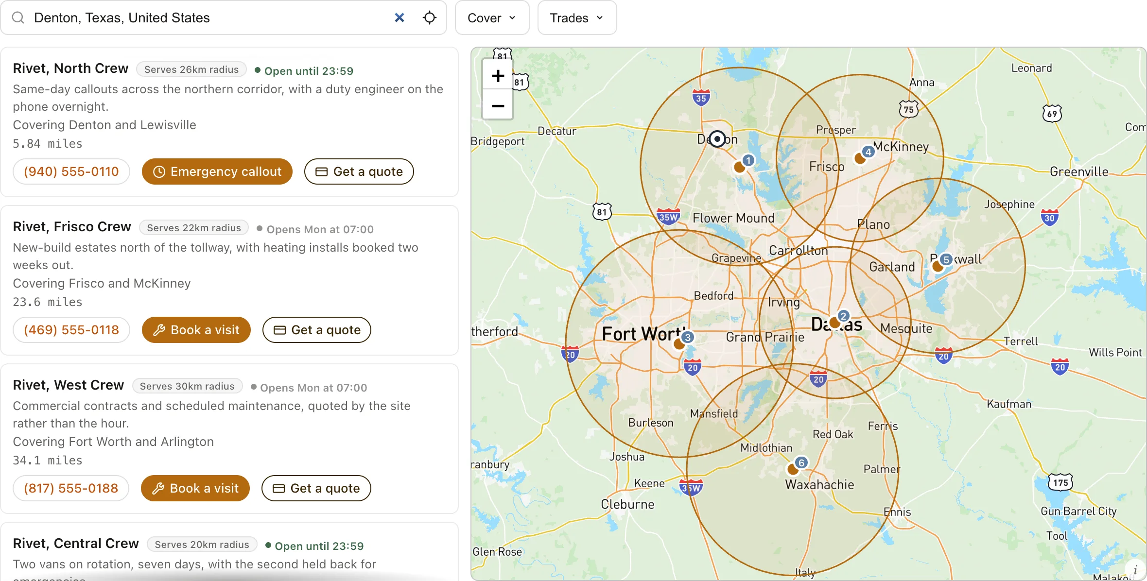 A locator showing six overlapping coverage circles across the Dallas area, with a crew list on the left