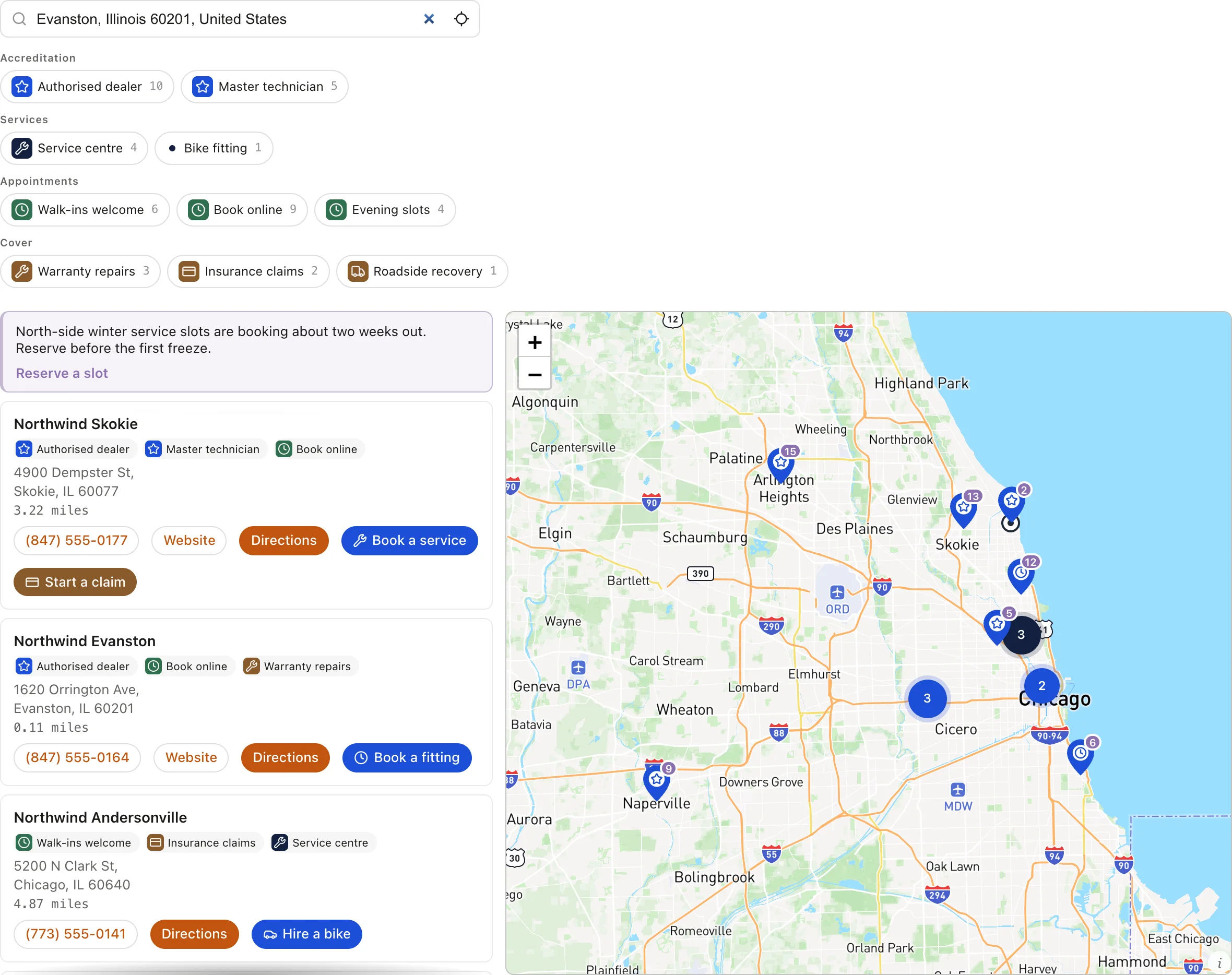 A locator showing a promotional banner above the results, with the dealer list on the left and a map of Chicago on the right