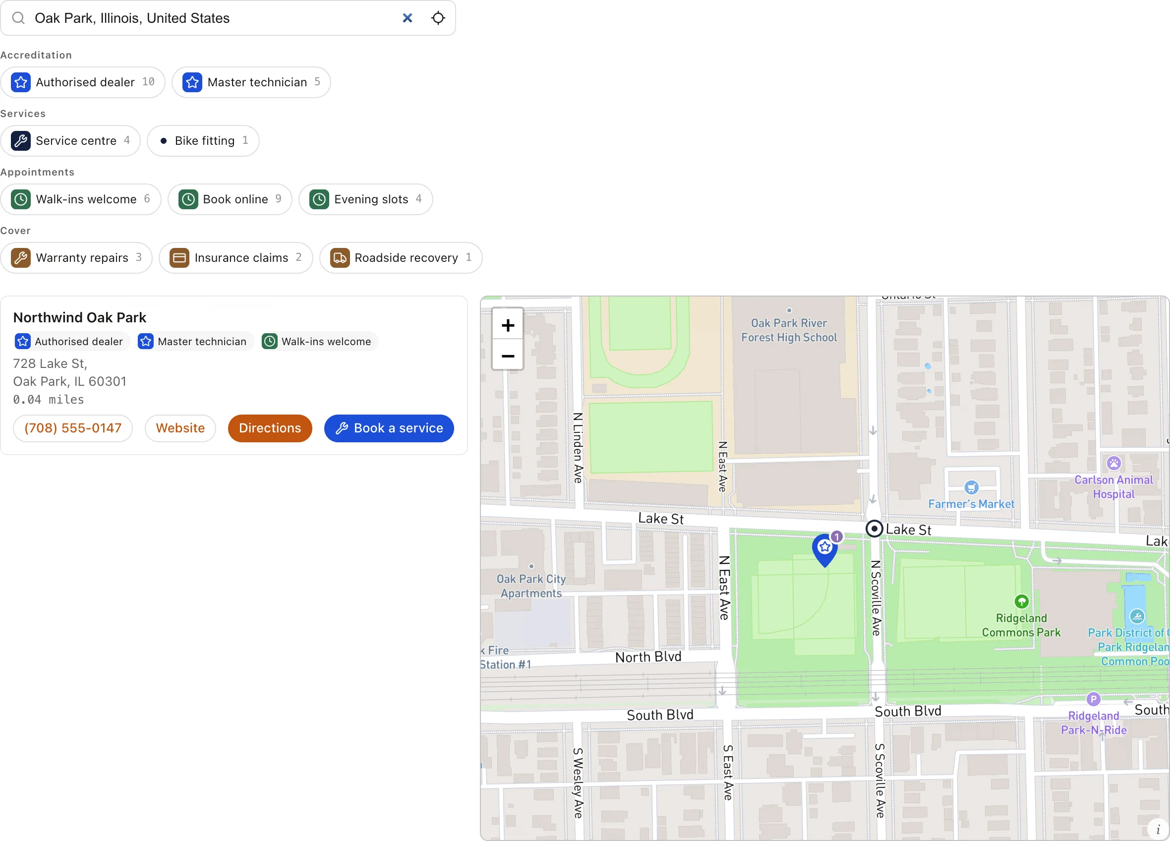 The same locator showing a single dealer in the list and a single pin on the map, zoomed into Oak Park