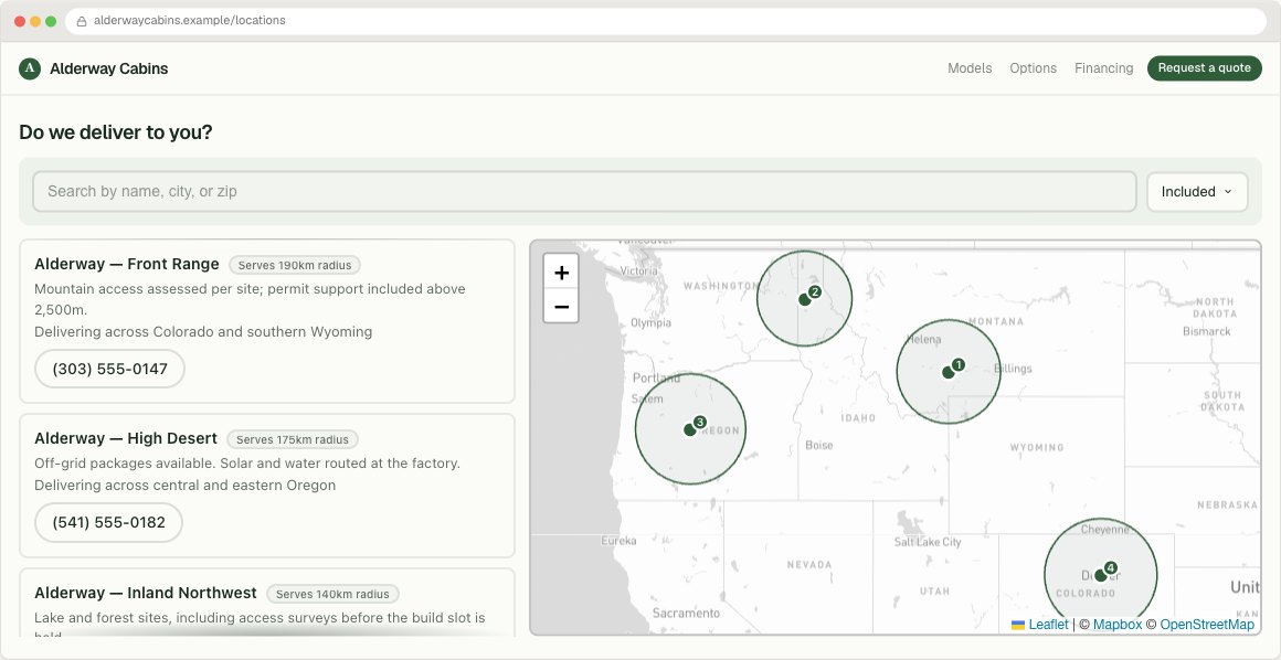 Alderway Cabins locator running inside its example website