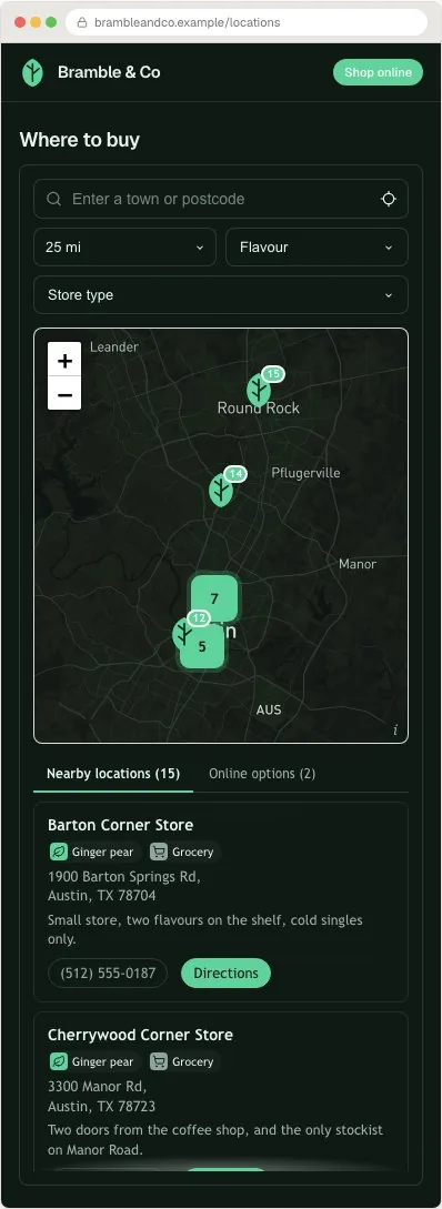 Bramble & Co locator example, on a phone