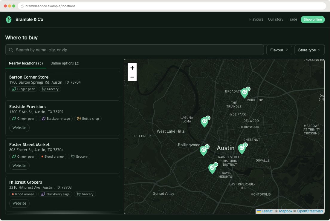 Bramble & Co locator running inside its example website