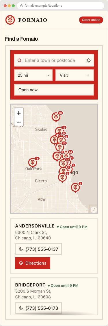 Fornaio website and locator displayed on a mobile phone