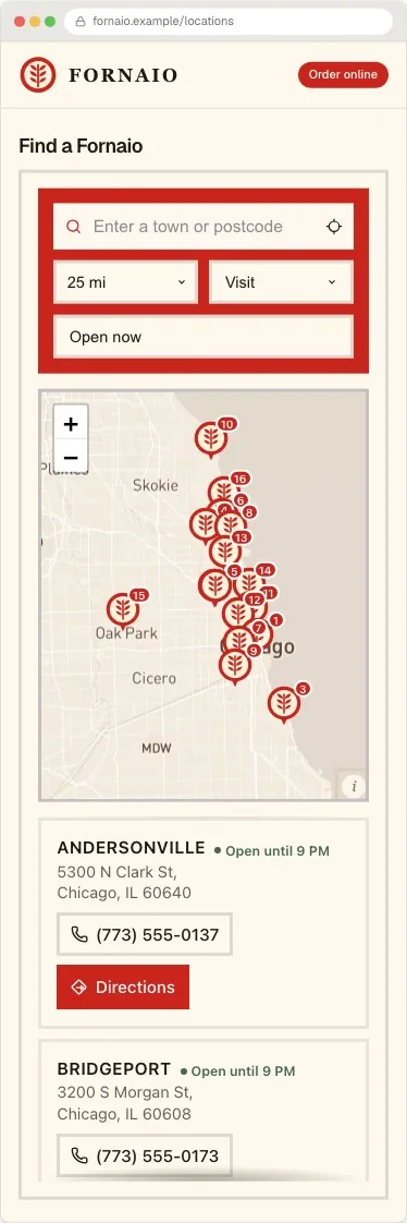 Fornaio locator example, on a phone