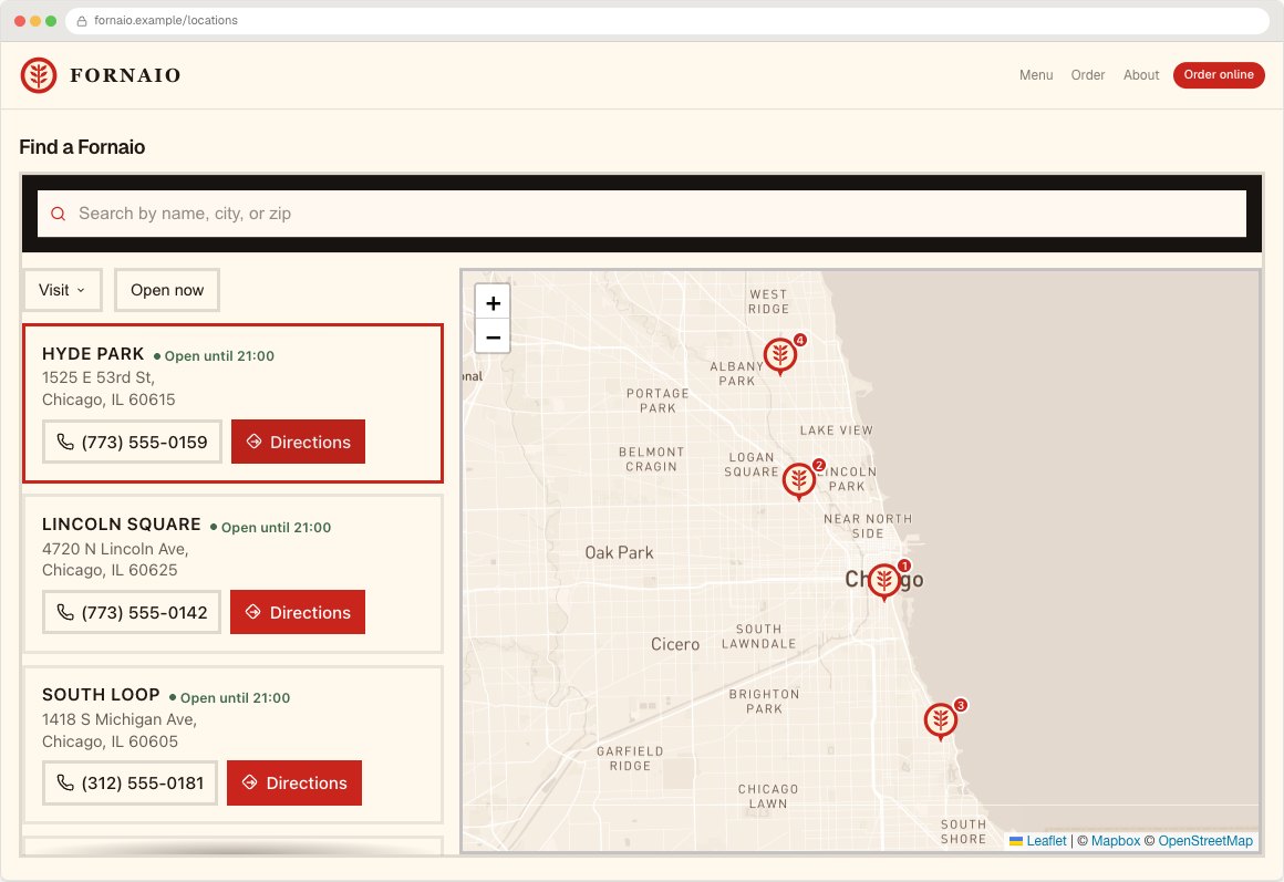 Fornaio locator running inside its example website