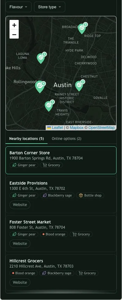 The Bramble locator adapting to a phone-width website