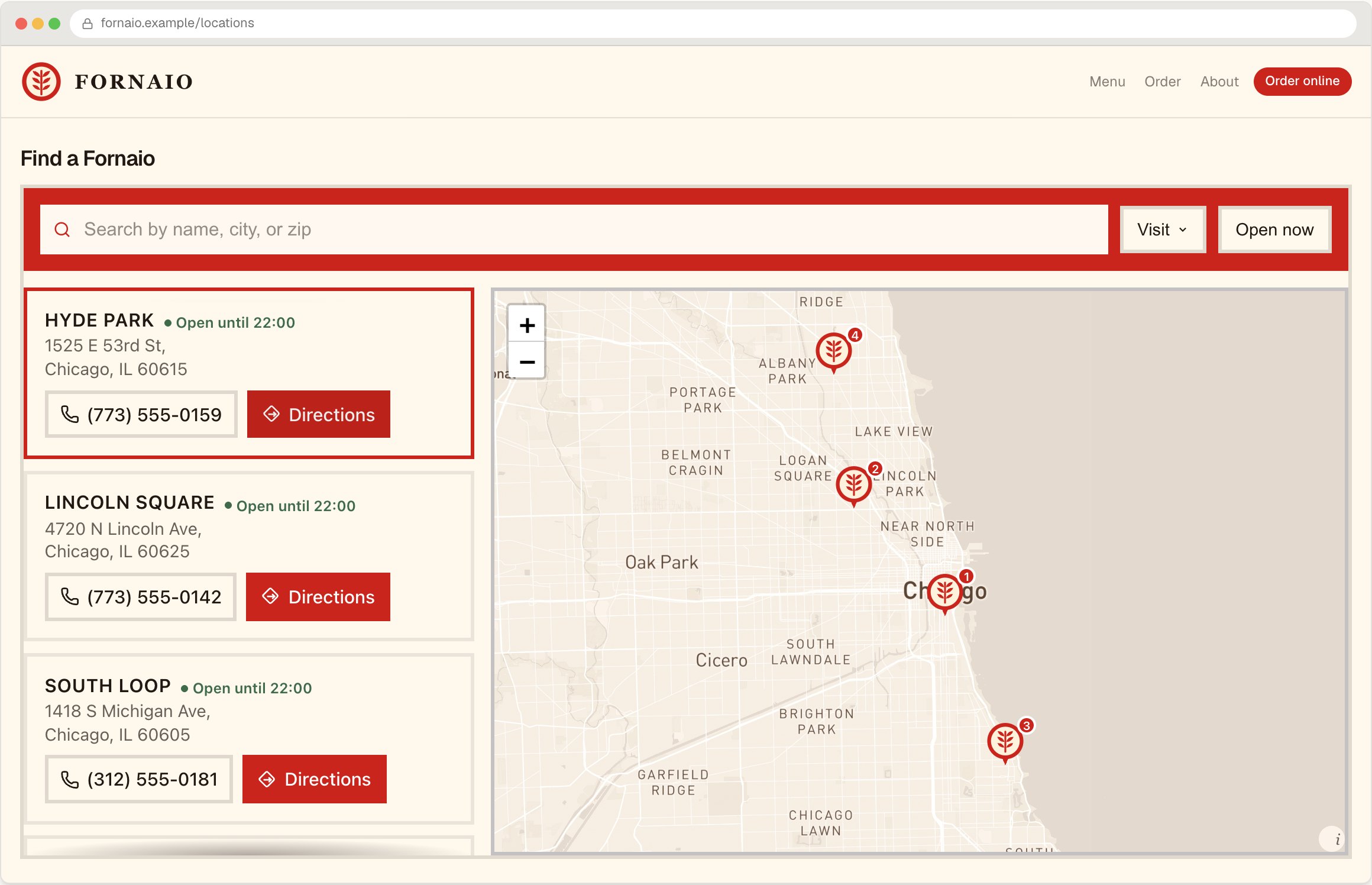 Fornaio website showing a branded store locator
