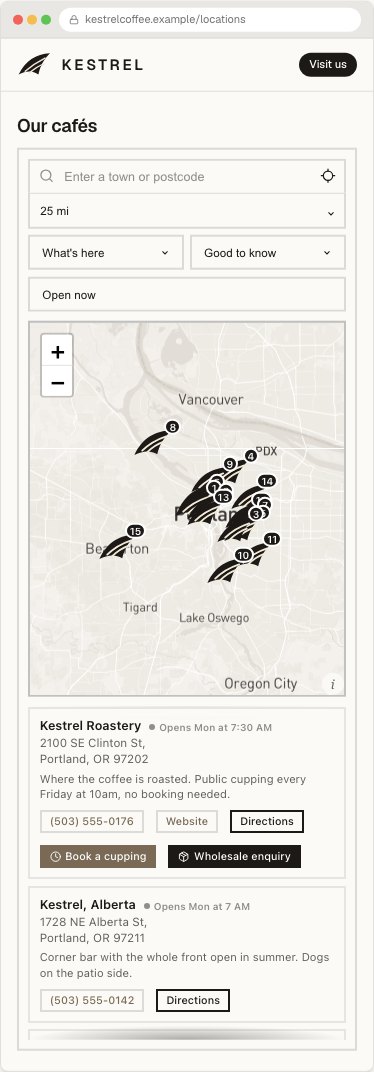 The Kestrel Coffee locator on a phone