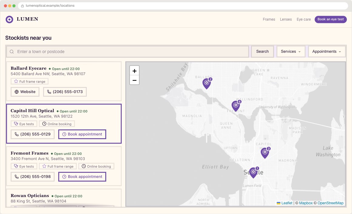 Lumen Optical locator running inside its example website