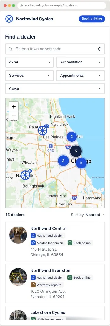 Northwind Cycles locator example, on a phone
