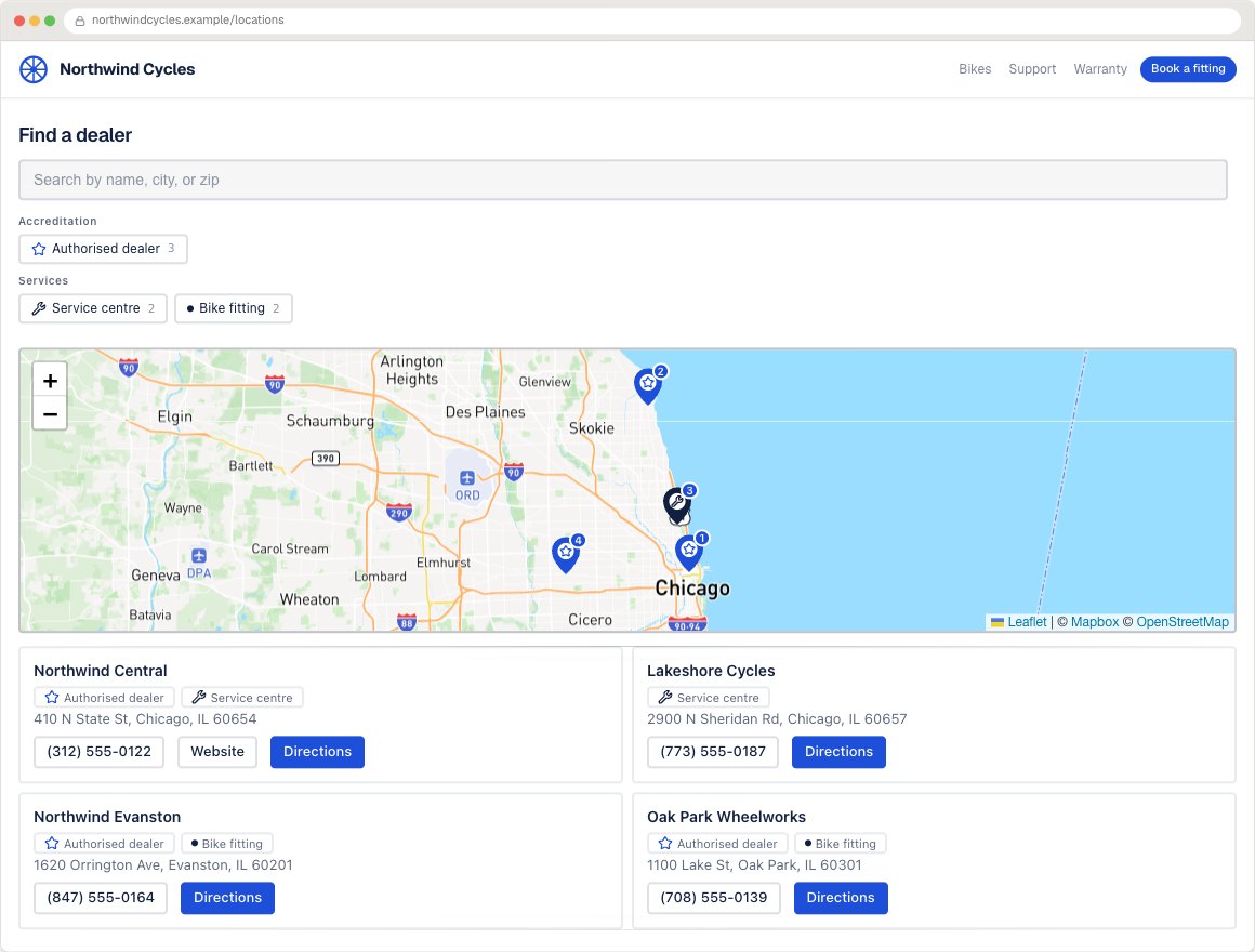 Northwind Cycles locator running inside its example website