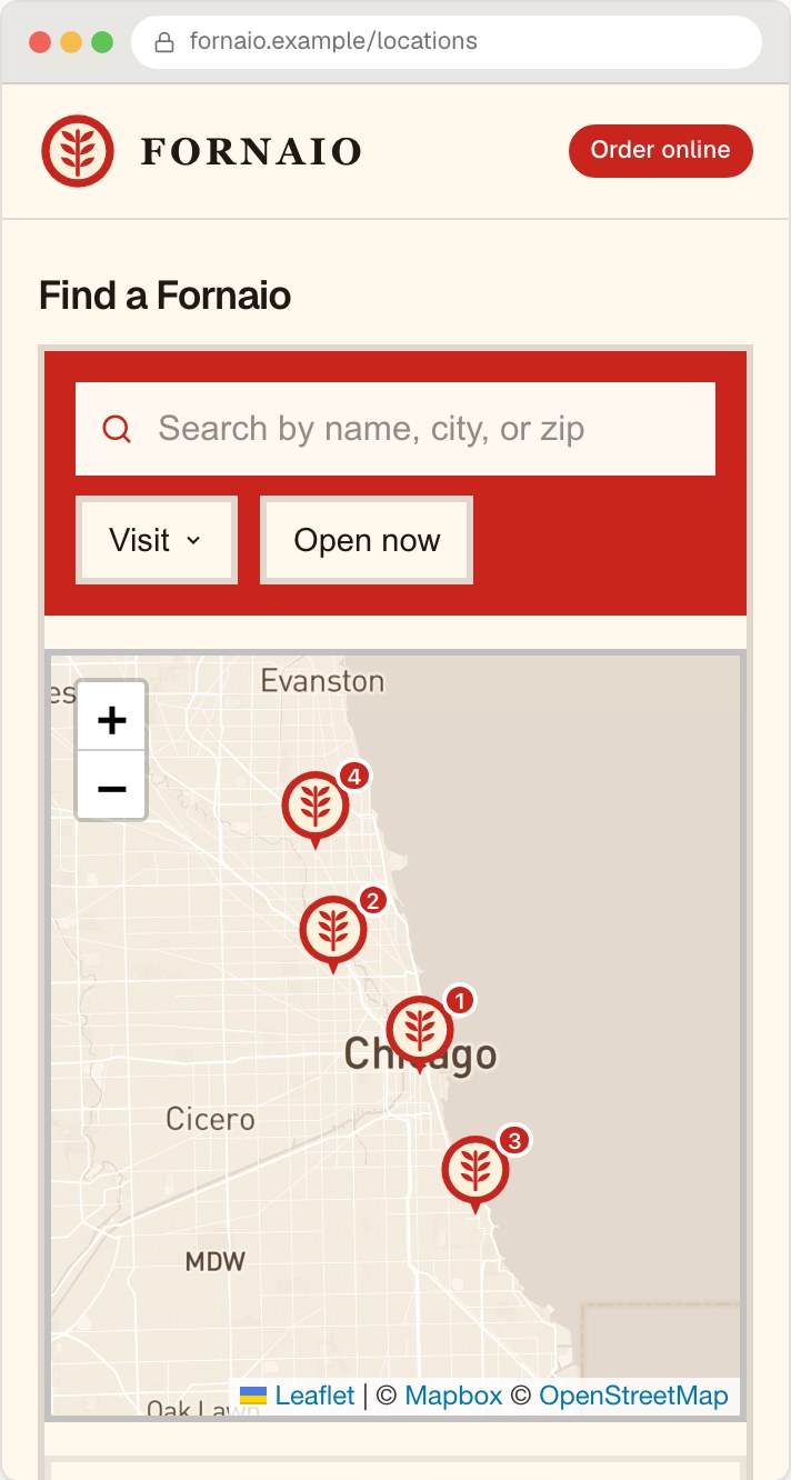 Fornaio website and locator displayed on a mobile phone