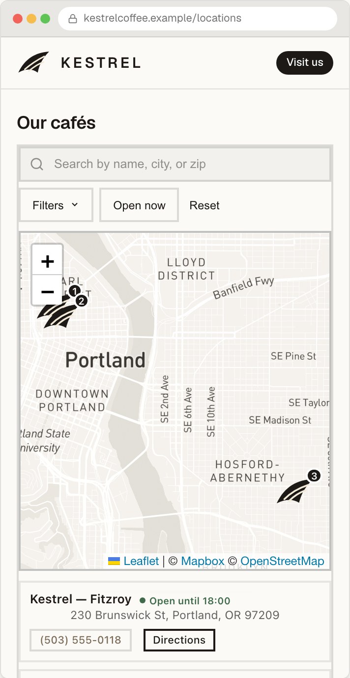 Kestrel Coffee locator on a phone