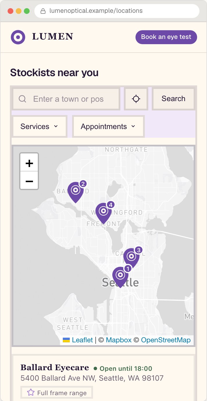 Lumen Optical stockist locator on mobile