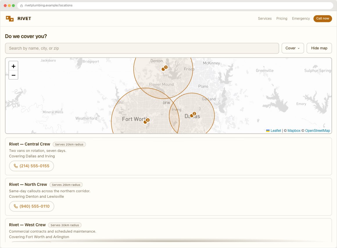 Rivet Plumbing locator running inside its example website